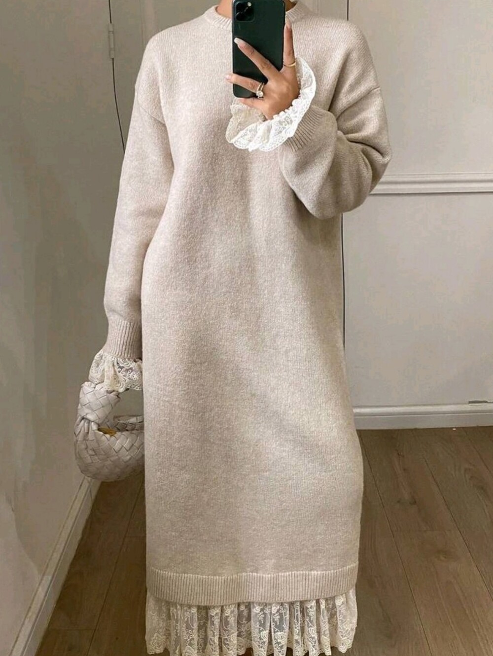 Casual Long Sweater Dress For Women Elegant Plain Apricot Knitwear With